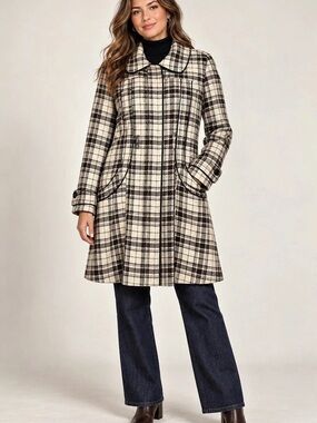 Majora Wool Blend Plaid Coat Cream Brown Contrast Piping Size Large